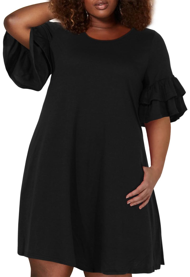 Nemidor Plus Size Casual Dresses for Curvy Women Summer Ruffle Sleeve T-Shirt Swing Mini Dress with Pocket 14-26(179,20,Black) - Image 1
